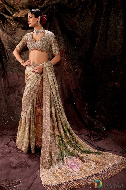 Full length view of Turquoise Bridal Sharara Setgreen tulle saree with hand embroidered miniature artwork pallu
