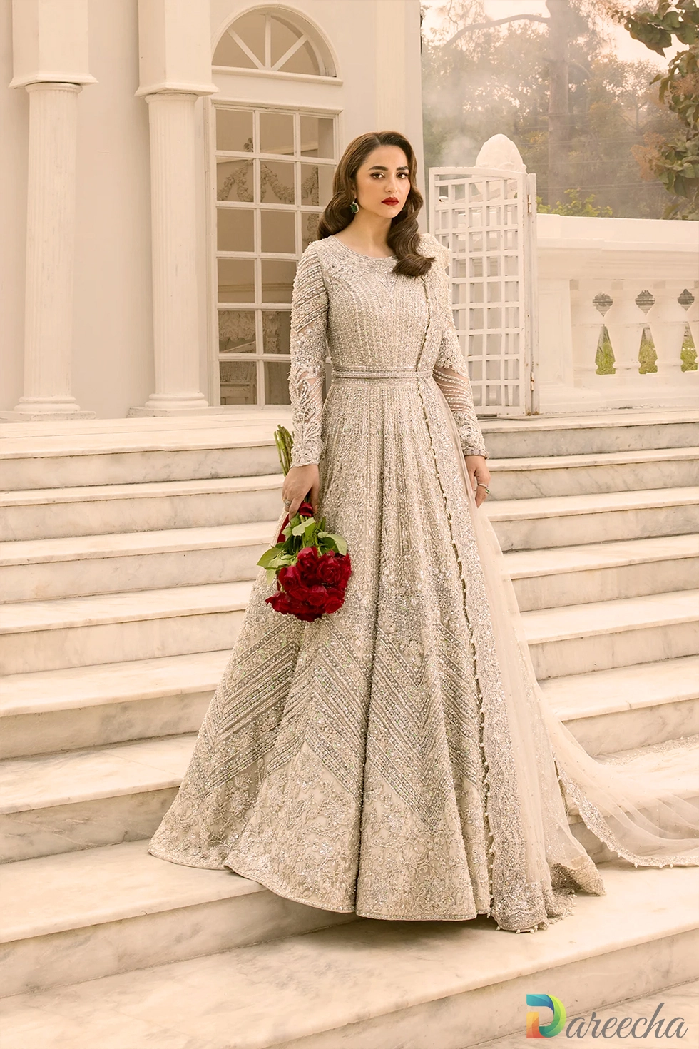 Front view showing fitted waist belt and circular flare