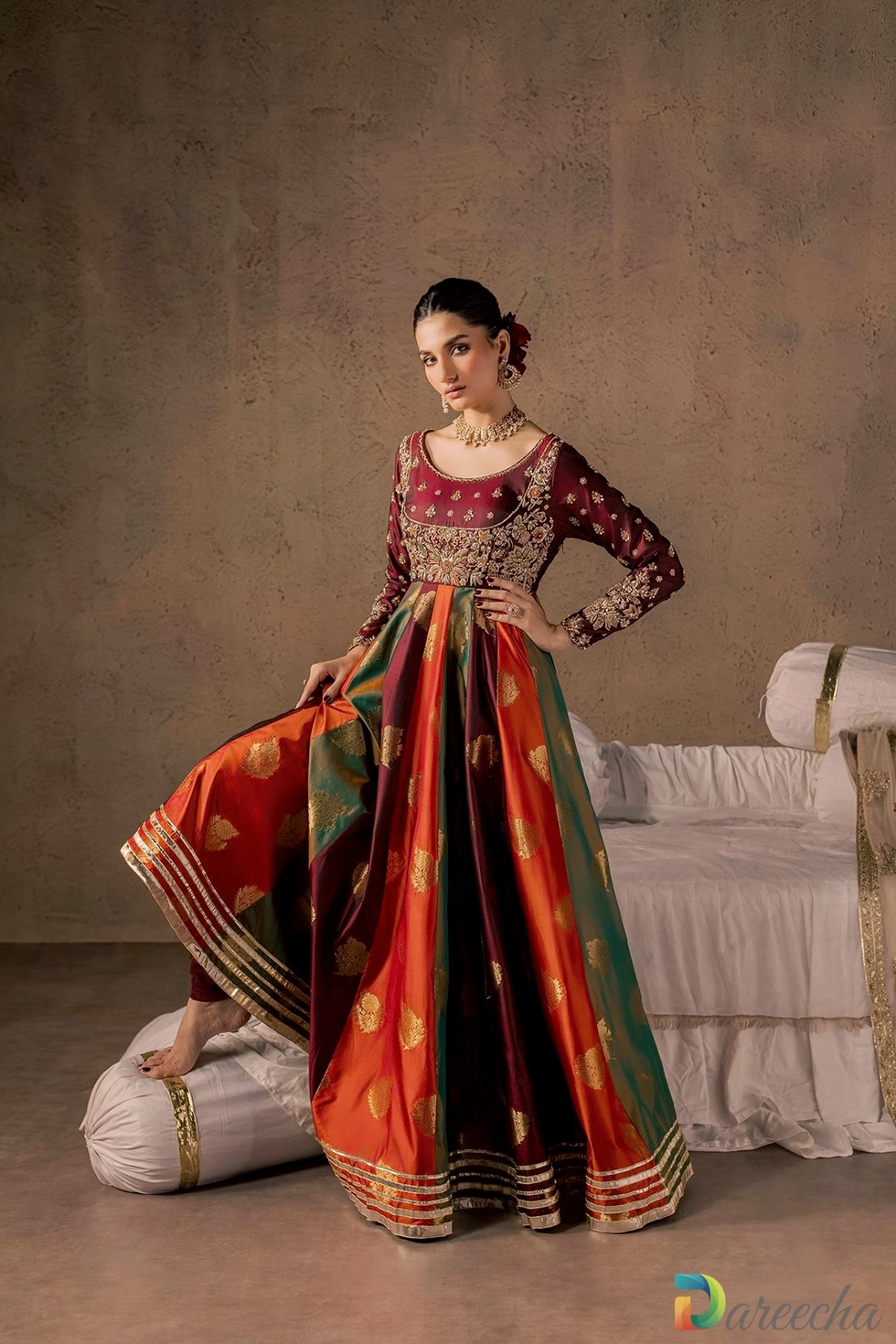 Multicolor banarasi silk pishwas with maroon bodice
