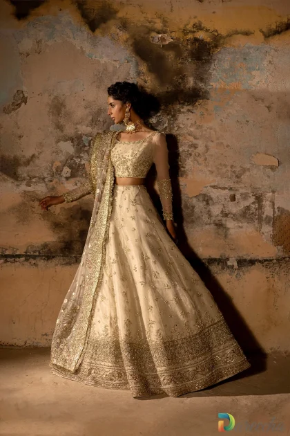 Ivory organza lehenga choli front flare view