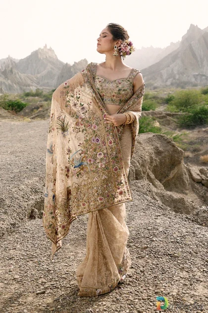 Full length view of model in dusty gold tulle saree showcasing sweeping pallu with bird motifs and sweetheart blouse