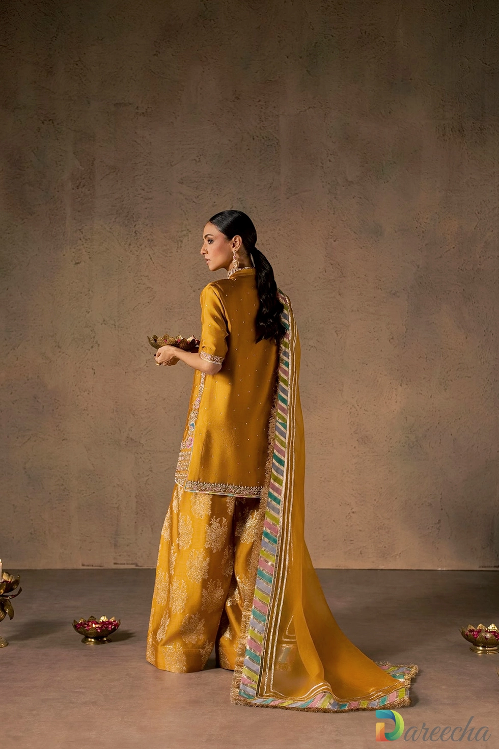 Back side view of banarsi silk shalwar and organza dupatta