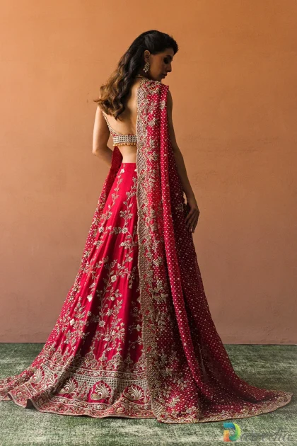 Rear view standing pose of model in candy red raw silk bridal lehenga displaying backless choli cutout and flared skirt