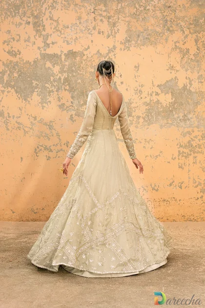 Back view highlighting deep V neck cut and flared tissue shimmer skirt of olive green front open gown with lehenga