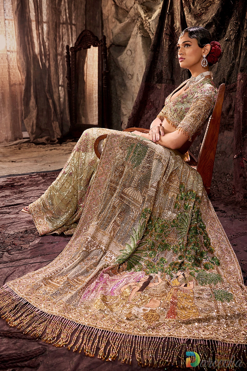 Mughal Zenana miniature pallu tableau hand embroidered on pistachio green tulle saree