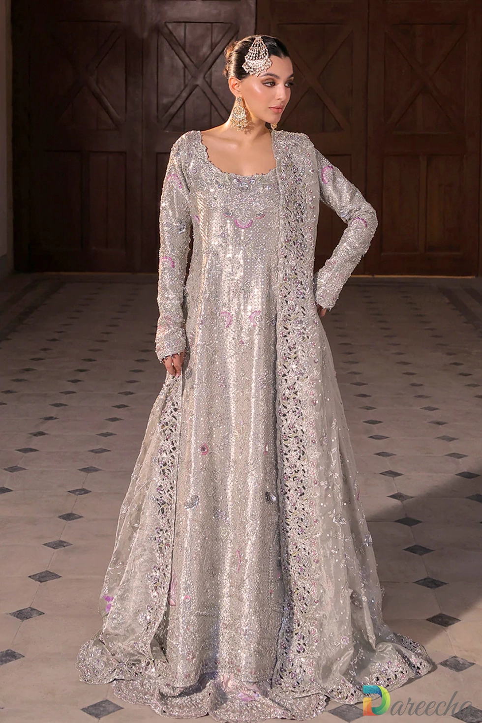 Full front view of platinum bridal peshwas lehenga in tissue fabric with embroidered dupatta