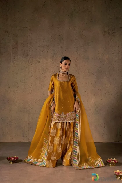 Mustard banarsi shalwar suit full length ensemble view