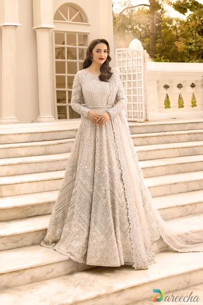 Pearl white bridal maxi dress in net with zardozi