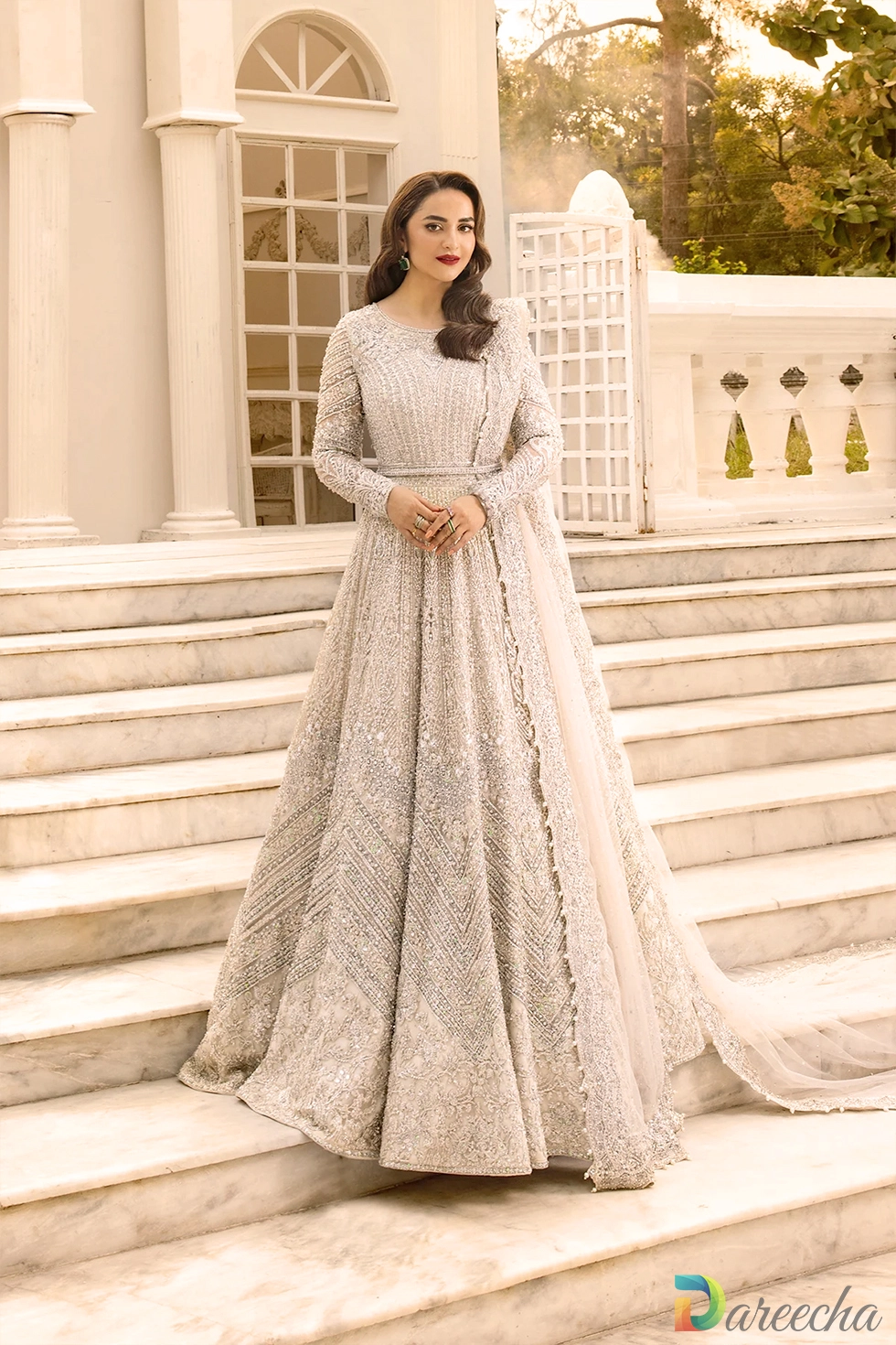 Pearl white bridal maxi dress in net with zardozi