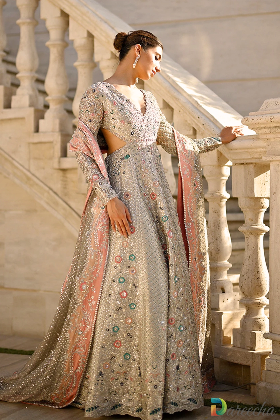 Side view of hand embroidered resham floral peshwas