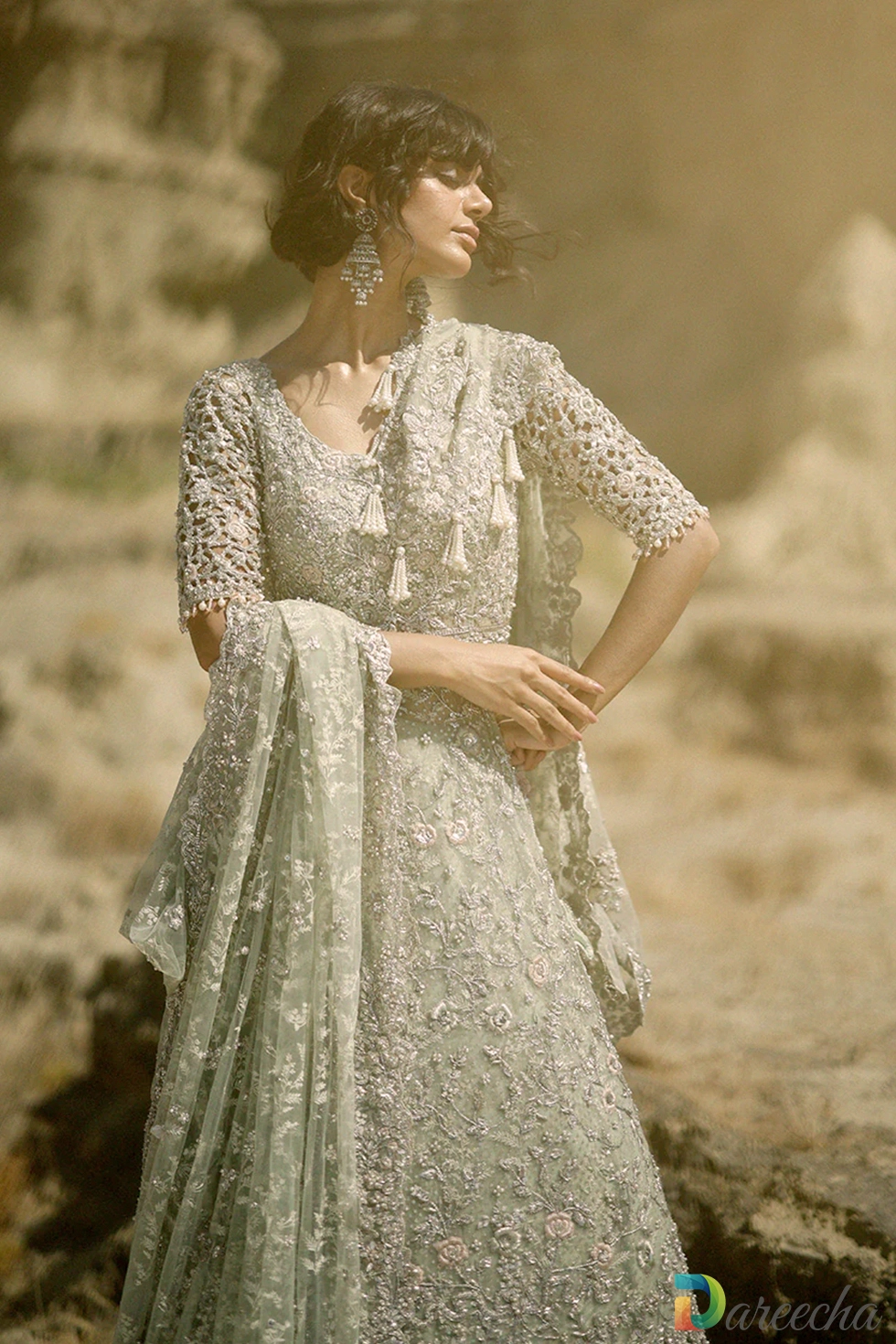 Front view close up highlighting cutwork sleeves and zardoze ribbon motifs on tissue peshwas lehenga