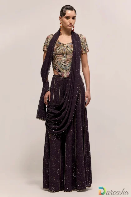 Full standing front portrait of dark purple georgette sharara with attached saree style mukaish pallu