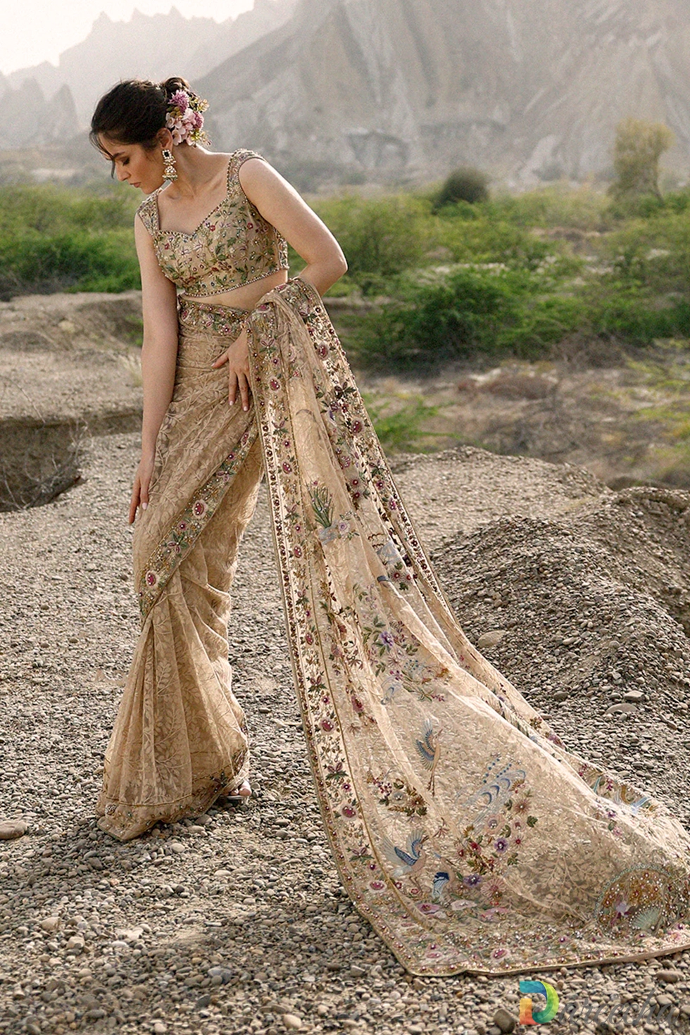 Full length standing shot of model in dusty gold tulle saree holding embroidered pallu drape in open landscape setting[cite: 29]