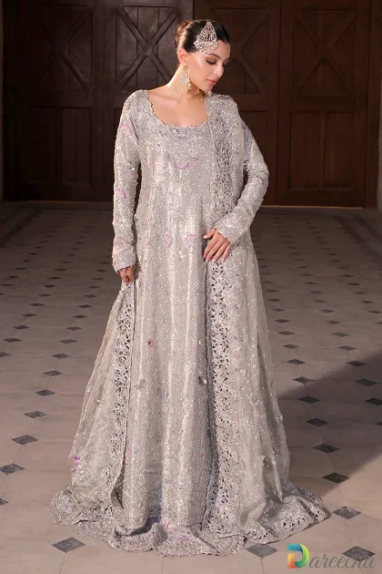 Full front view of Platinum Bridal Peshwas Lehenga bride in silver