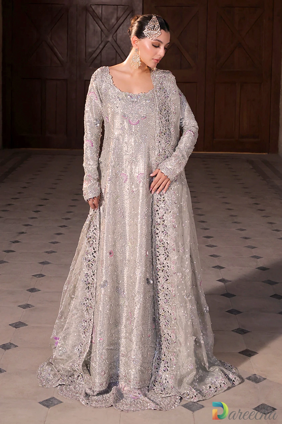 Full front view of Platinum Bridal Peshwas Lehenga bride in silver