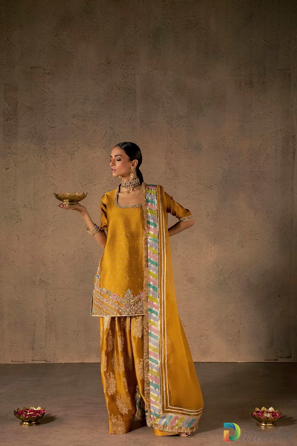 Front pose showing woven banarsi shalwar and organza drape