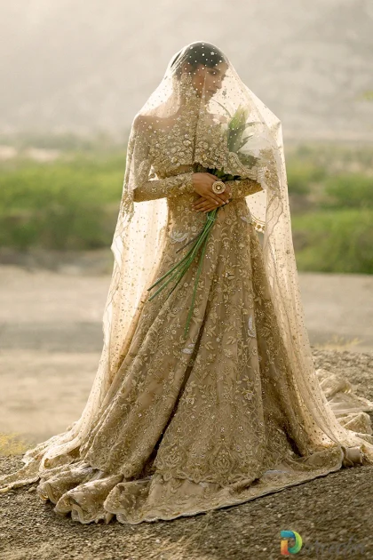 Hand-embroidered Gold Bridal Peshwas with tissue lehenga and veiling dupatta.