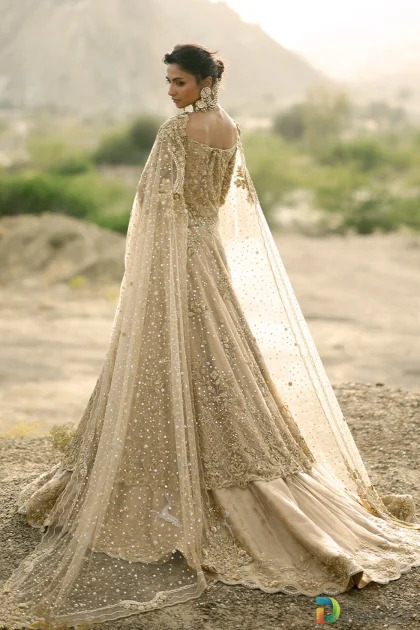 Rear profile view of long tulle bridal peshwas showing tissue brocade lehenga with deer motif details.
