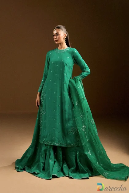 green raw silk gharara set front view