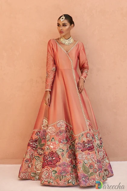 Angrakha style lehenga set in apricot silk