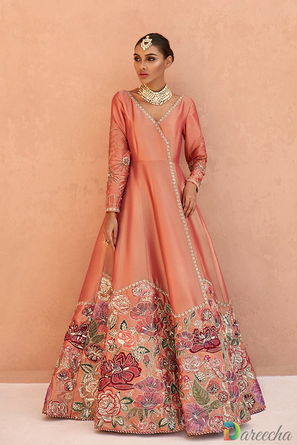 Angrakha style lehenga set in apricot silk