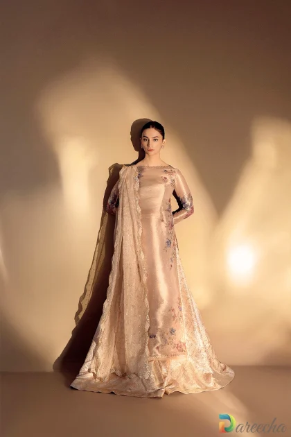 Floral embroidered tissue sharara full length front view