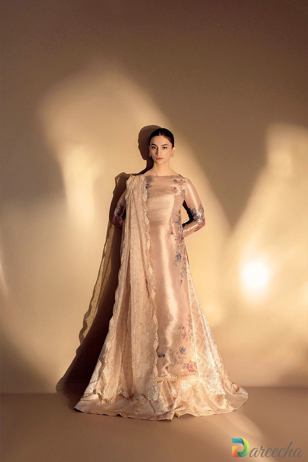 Floral embroidered tissue sharara full length front view