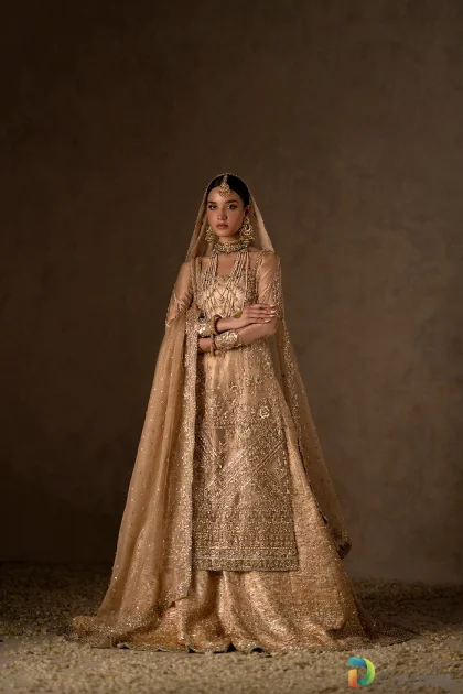gold bridal sharara with zardozi embroidery