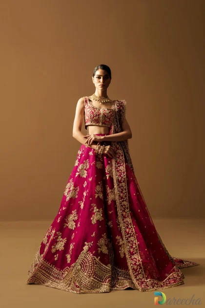Organza pink bridal lehenga full view with flared skirt