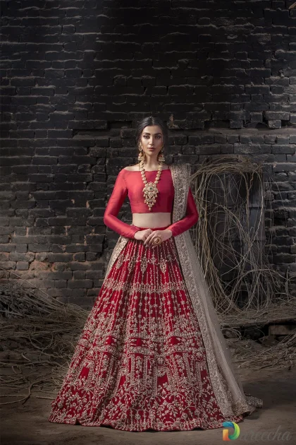 Deep red velvet bridal lehenga full view with flared skirt