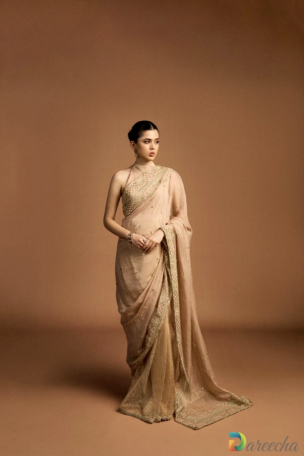 Dusky pink embroidered saree full length drape view