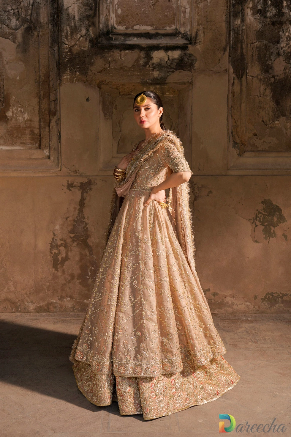 Dusty pink bridal peshwas side view with organza drape