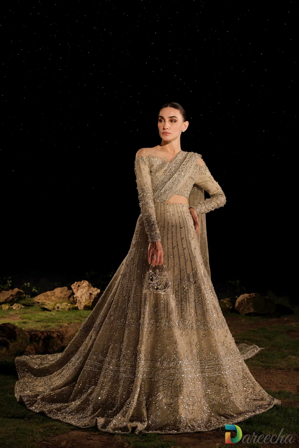 gold bridal lehenga with train front view