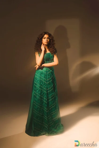 Emerald green designer dress side