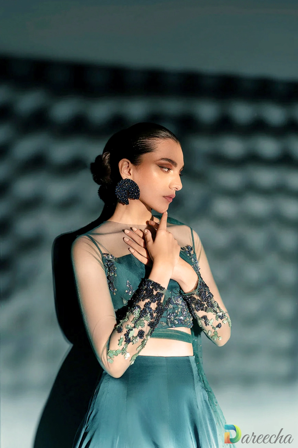 Close up of crystal embellished net choli sleeves