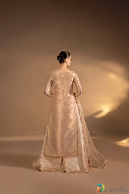 Back view of champagne tissue shirt and silk brocade pants