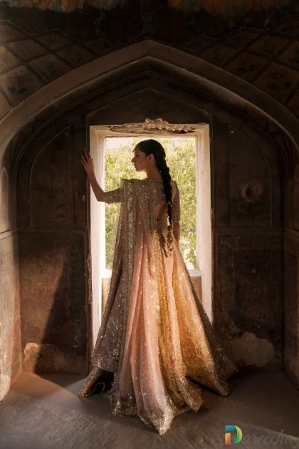 Back view showcasing low cut back and long tissue skirt