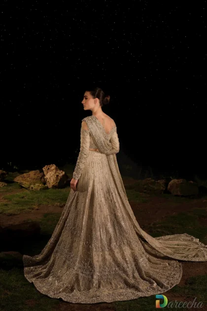 Back view of bride showing flowing train detail