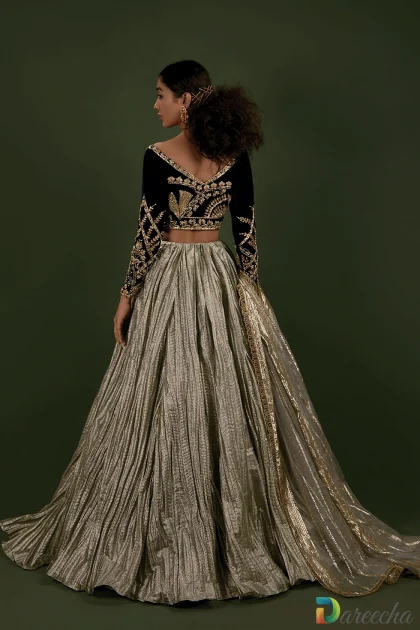 Back view of deep V neck velvet choli and lehenga