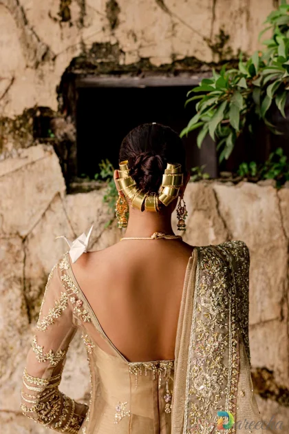 Back view of embellished organza shirt and sleeves