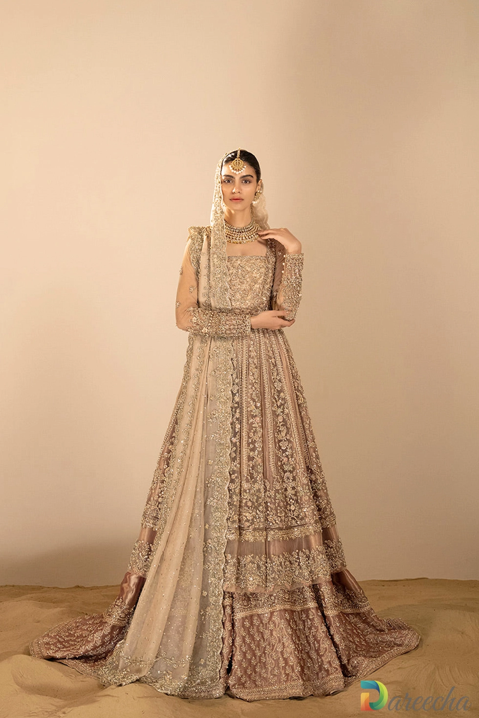 Dusty pink bridal pishwas with sharara front view
