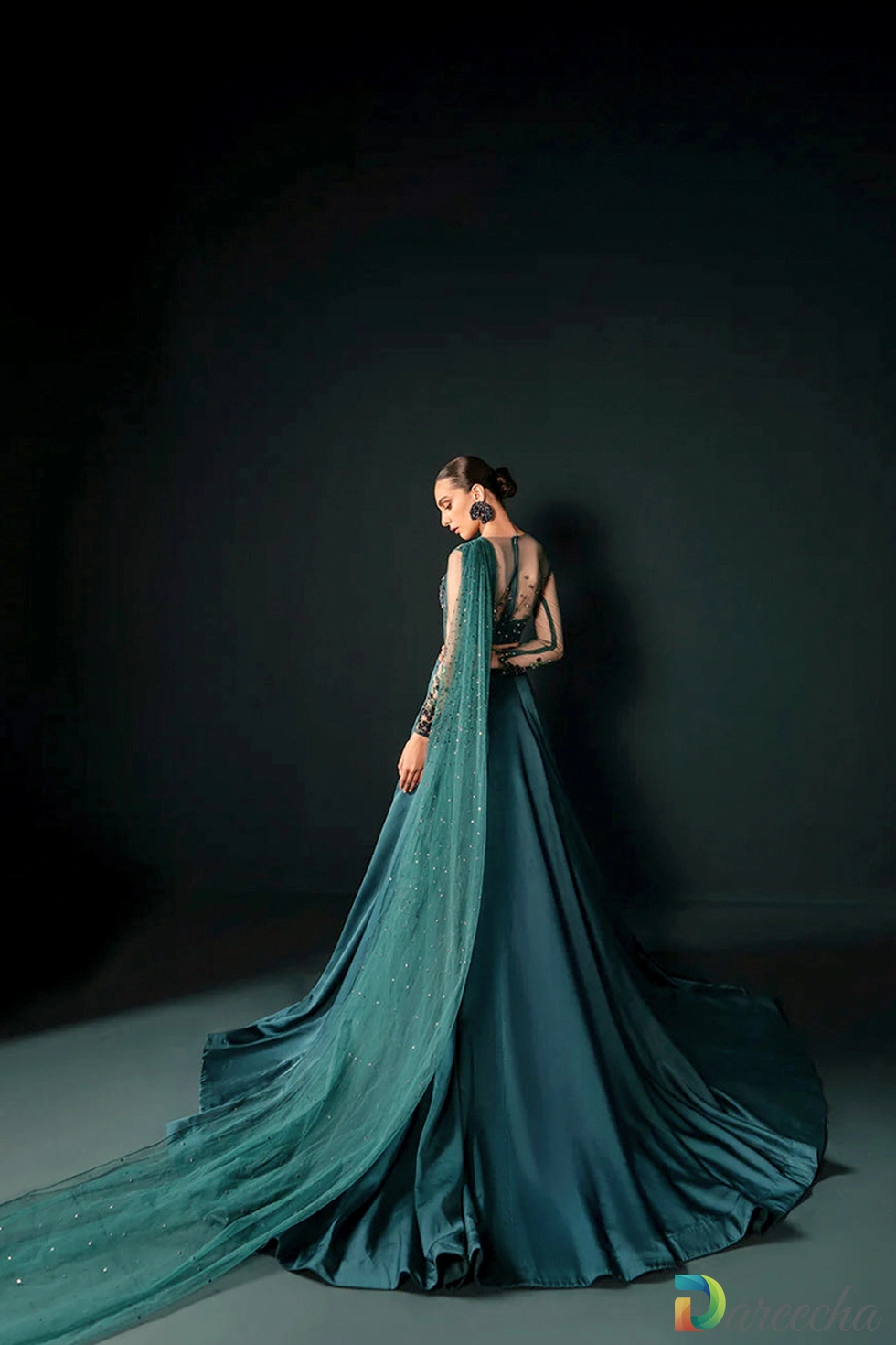 Back view of attached net drape with sequin spray