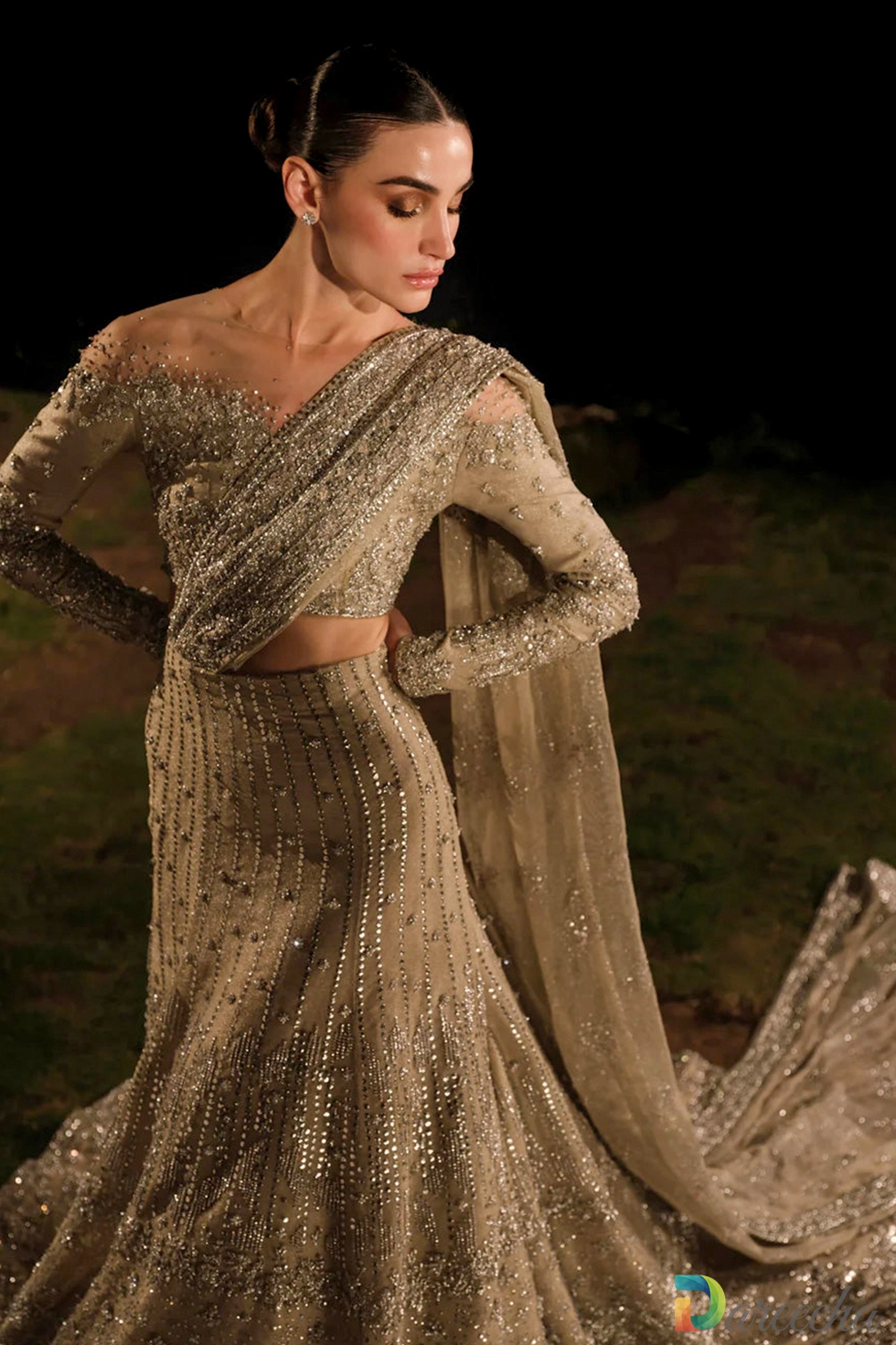 Close up of sheer kundan net choli embroidery