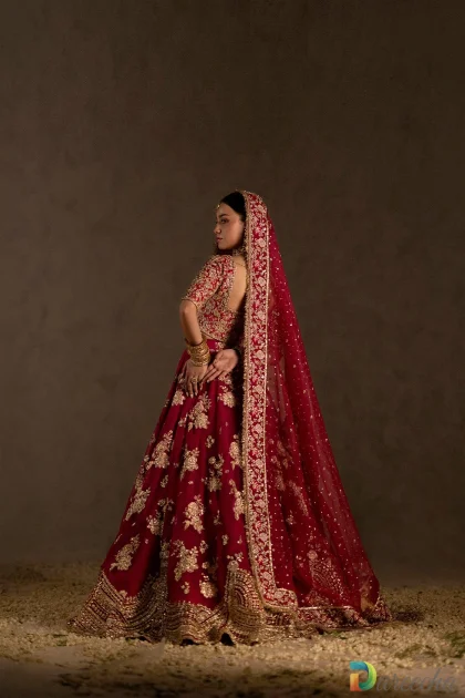 Rear view displaying embellished dupatta drape