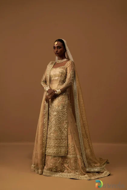 Gold tissue sharara suit in full front view
