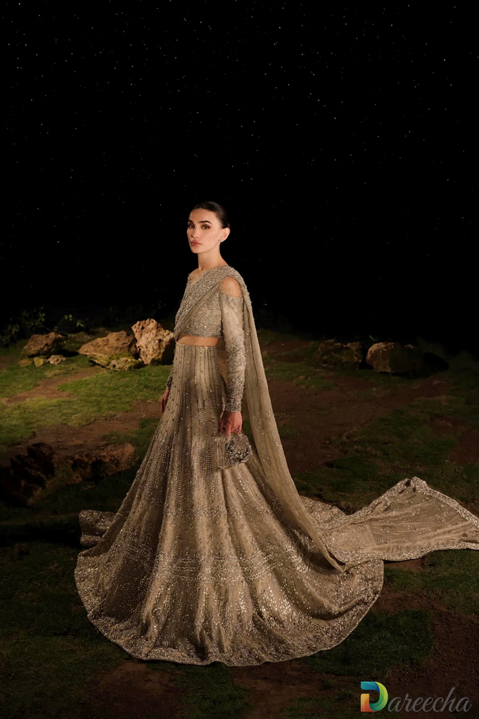 Side angle displaying lehenga drape and train